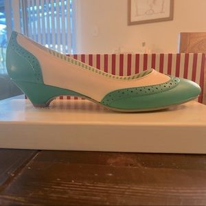 B.A.I.T. Footwear green and striped kitten heels, retro, mod, vegan leather